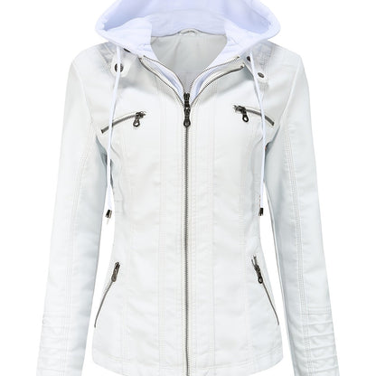 Women'S Elegant Black Hooded Jacket with Detachable Shoulder Straps - Perfect for Spring and Fall, Casual Style, Zipper Closure, Faux Leather Outerwear, Casual Jacket| Detachable Shoulder Straps|Zipper Closure Jacke