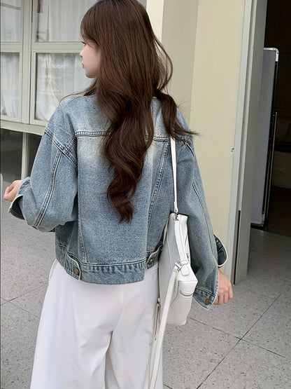 Women's Vintage Denim Jacket - Retro Cropped Short Sleeve Coat with Front Pockets, Machine Washable Regular Fit Casual Spring\u002FFall Outerwear, Cropped Denim Jacket
