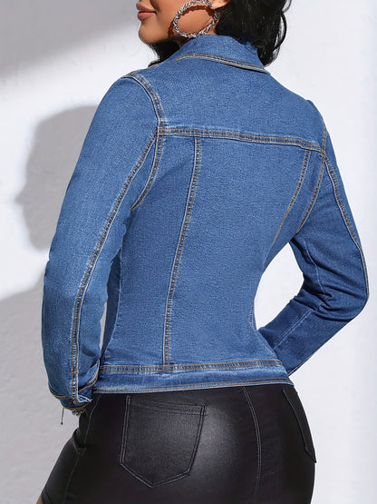 Women'S Elegant Denim Jacket with Pockets - Medium Stretch Rayon, Solid Color, Fall\u002FWinter Style, Casual Fashion Coat, Casual Fashion Jacket|Denim Jacket|Stylish Jacket