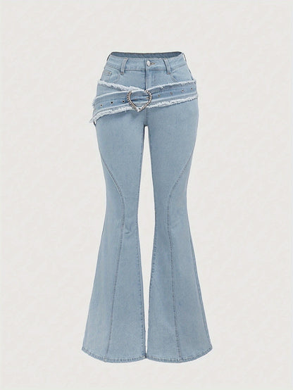 Elegant Flared Jeans for Women - Solid Color, Cotton Blend, Medium Stretch, Woven, with Belt Loop and Pocket Details, Comfort Fit, All-Season Fashion Pants