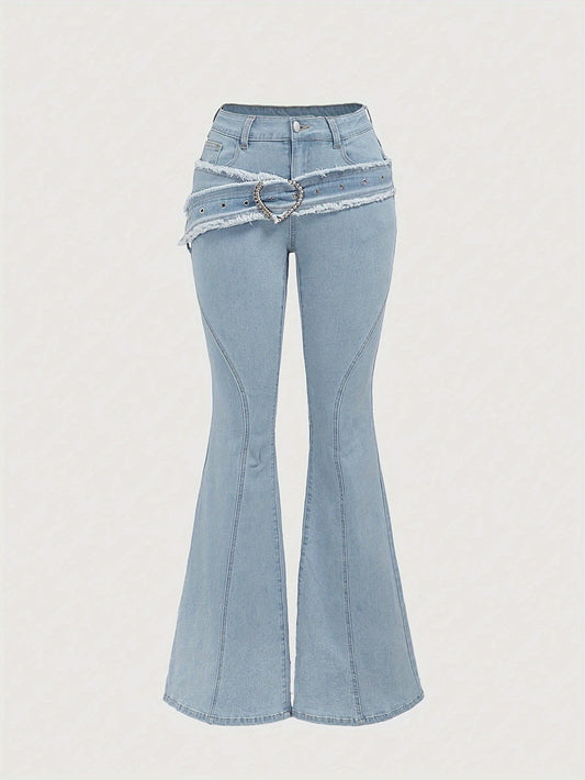 Elegant Flared Jeans for Women - Solid Color, Cotton Blend, Medium Stretch, Woven, with Belt Loop and Pocket Details, Comfort Fit, All-Season Fashion Pants