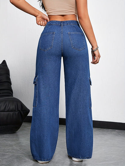 Women'S High-Waisted Cargo Jeans with Multiple Pockets - Stretch Denim, Raw Wash Finish, Straight Leg, Casual Streetwear Style, Blue, Casual Streetwear | Multi-Pocket Design | Comfortable Fit Jeans