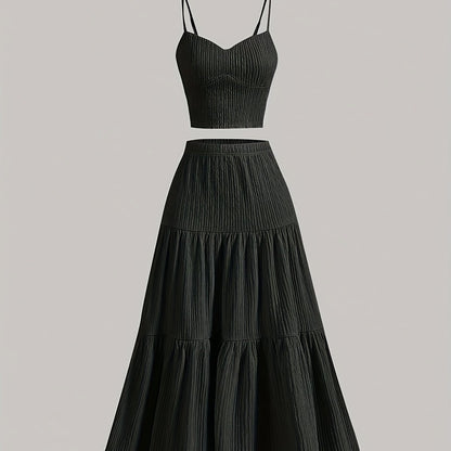 Women'S Solid Color Strapless Tank Top and Long Skirt Set - Casual Polyester Blend with Ruffle Detail, Perfect for Spring\u002FSummer, Casual Attire|Strapless Top|Polyester Blend