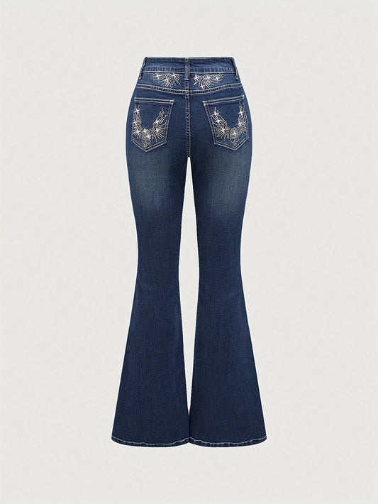 Stretch Comfort Women's Stretch Denim Flare Jeans with Rhinestone Details - Elegant Blue Bell Bottom Pants, Mid-Rise, Blend, Machine Washable, All-Season Comfort Fit