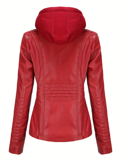 Women'S Elegant Black Hooded Jacket with Detachable Shoulder Straps - Perfect for Spring and Fall, Casual Style, Zipper Closure, Faux Leather Outerwear, Casual Jacket| Detachable Shoulder Straps|Zipper Closure Jacke