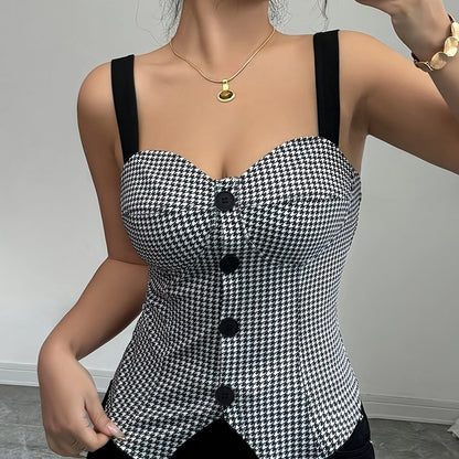 Chic Black & White Houndstooth Sleeveless Vest for Women - Adjustable Spaghetti Straps, V-Neckline, Single Row Buttons, Lightweight Polyester, Perfect for Spring, Summer & Fall Outfits, Stylish Layering Piece | Vneck Vest | Functional Design