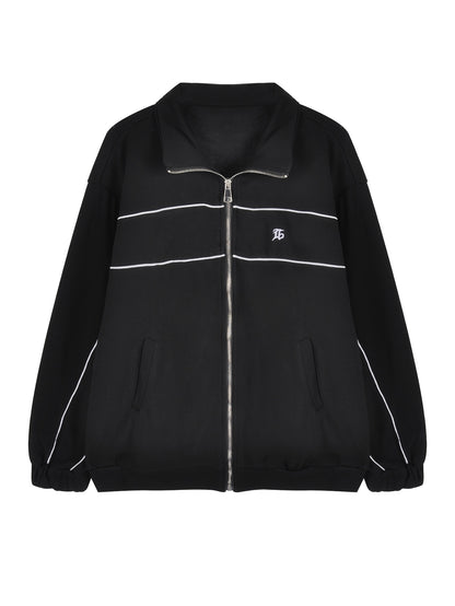 Solid Color Loose Casual Embroidered Stand Collar Jacket with Zipper for Women