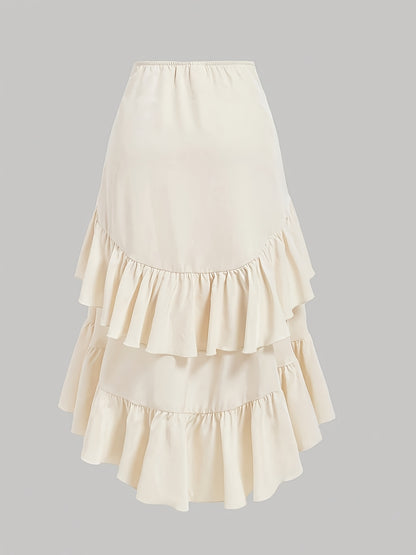 Vintage Brown Pleated Midi Skirt with Ruffled Hem and Cross Detail – Breathable, Stretchy Waistband, Machine Washable – Perfect for Commuting, Outings, and Everyday Elegance