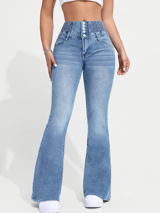Women's High-Waist Stretch Denim Flare Jeans with Front Button Closure, Comfortable Bell Bottoms in Light Blue Washed Finish, Elegant & Trendy Design for Casual Attire