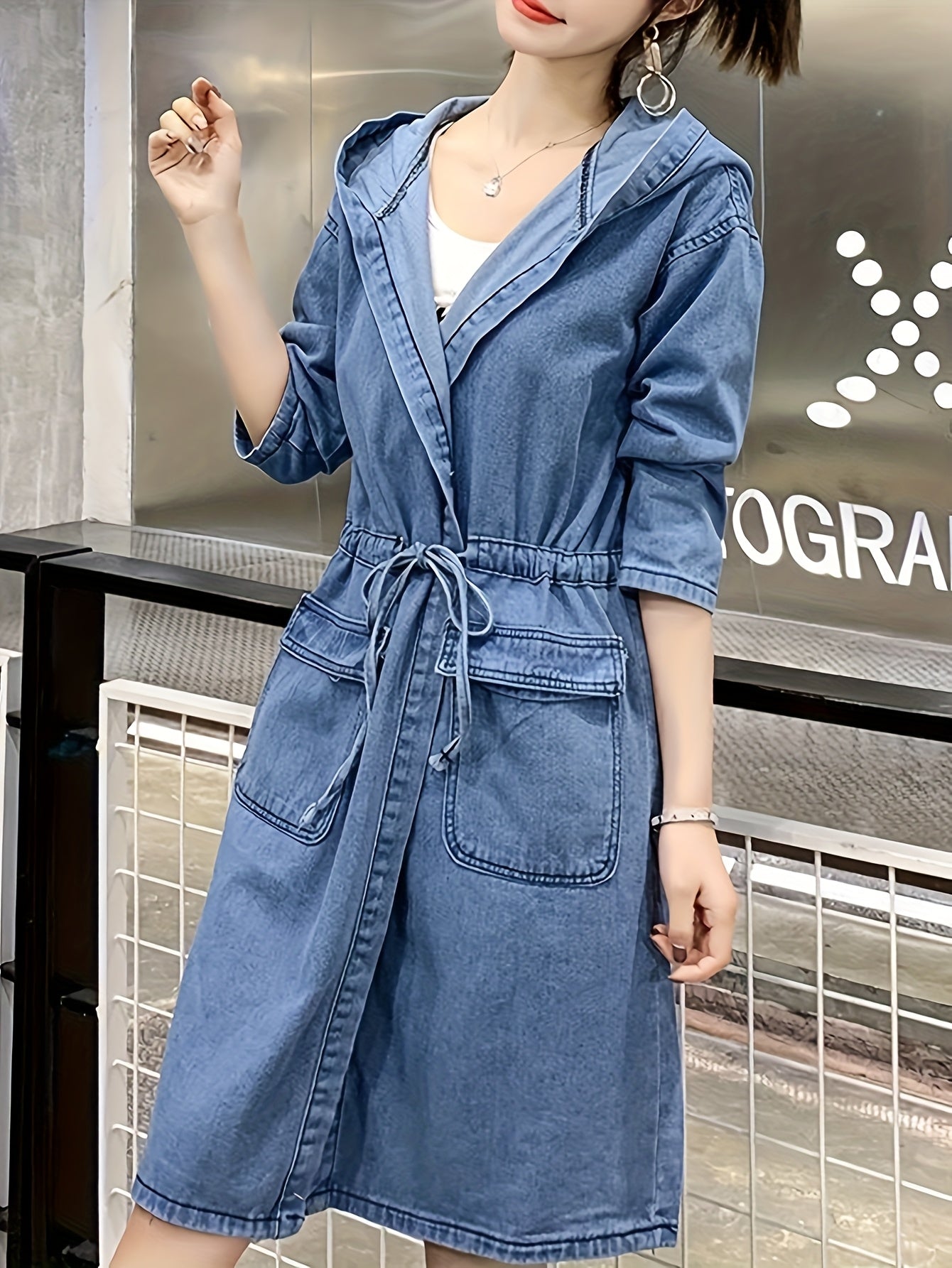 Women'S Vintage-Inspired Faux Denim Jacket with Kangaroo Pocket - Long Sleeve, Hooded, Non-Stretch Fabric, Casual Style, Spring\u002FSummer Collection, Blue Jean Jacket for Women