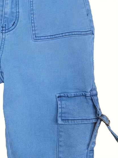 Women's High-Elasticity Skinny Cargo Jeans with Side Pockets - Stretch Denim, Mid-Rise, Light Blue, Street Style, Machine Washable