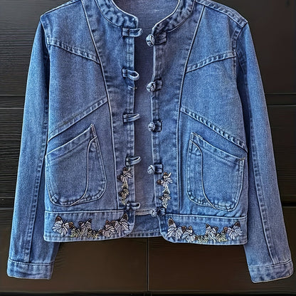 Vintage-Inspired Women's Denim Jacket with Floral Embroidery, Slim Fit Stretch Denim Coat with Ethnic Buckle Details and Chest Pockets - Light Wash Blue, Casual to Chic Style for Casual Attire