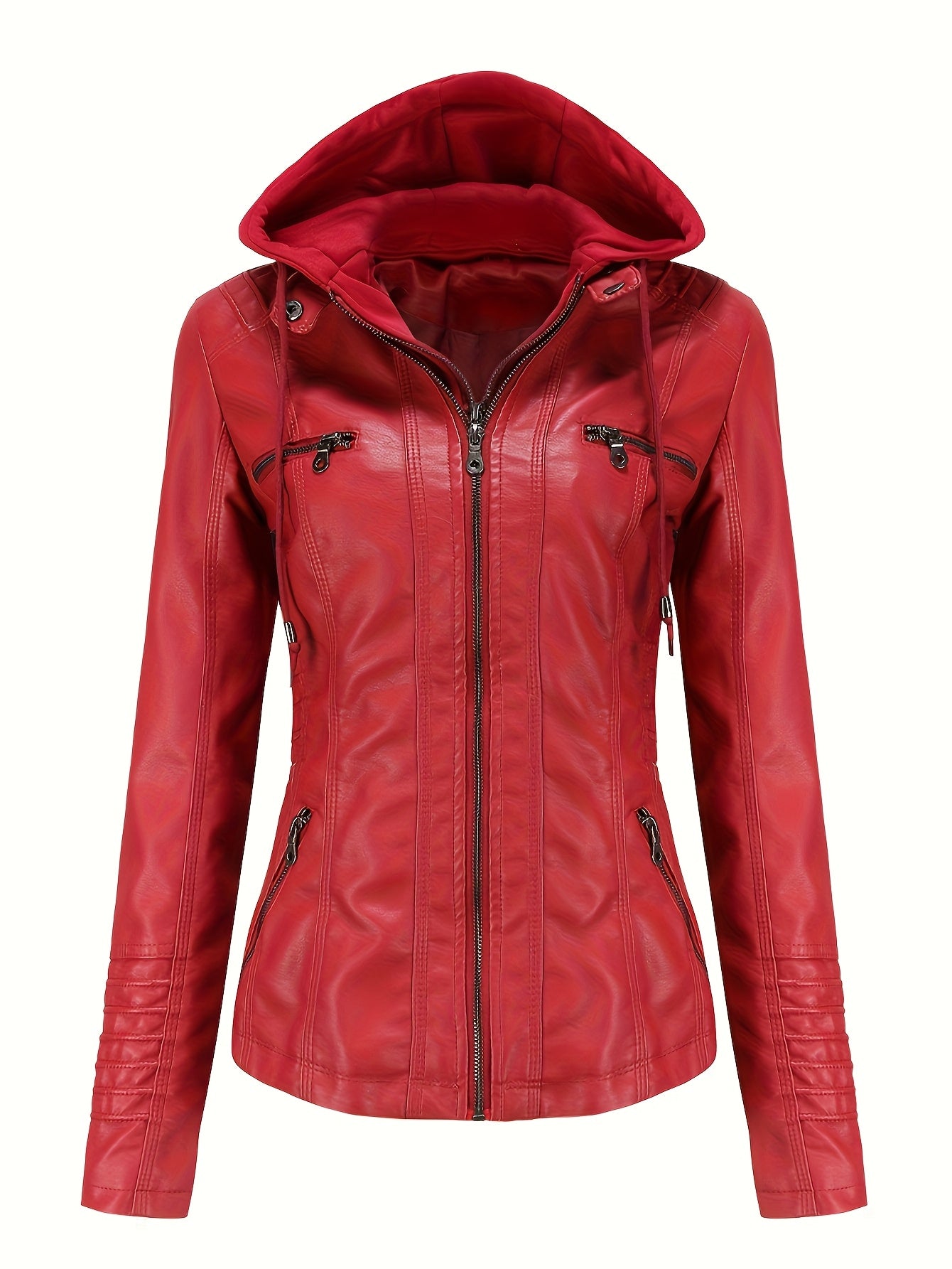 Women'S Elegant Black Hooded Jacket with Detachable Shoulder Straps - Perfect for Spring and Fall, Casual Style, Zipper Closure, Faux Leather Outerwear, Casual Jacket| Detachable Shoulder Straps|Zipper Closure Jacke