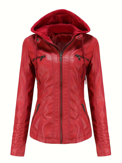 Women'S Elegant Black Hooded Jacket with Detachable Shoulder Straps - Perfect for Spring and Fall, Casual Style, Zipper Closure, Faux Leather Outerwear, Casual Jacket| Detachable Shoulder Straps|Zipper Closure Jacke