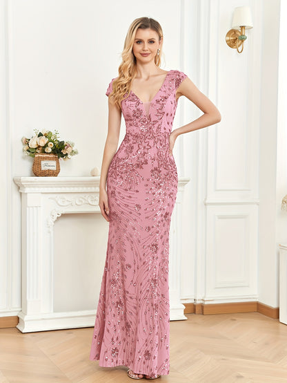 Elegant Beaded V-Neck Sleeveless Tank Fishtail Dress - Luxury Formal Bridesmaid & Evening Gown with Floral Print, Long Train Mermaid Silhouette for Weddings, Parties, Galas - Hand Wash Only, Bridesmaid Dress, Wedding Attire, Sophisticated Craftsmanship