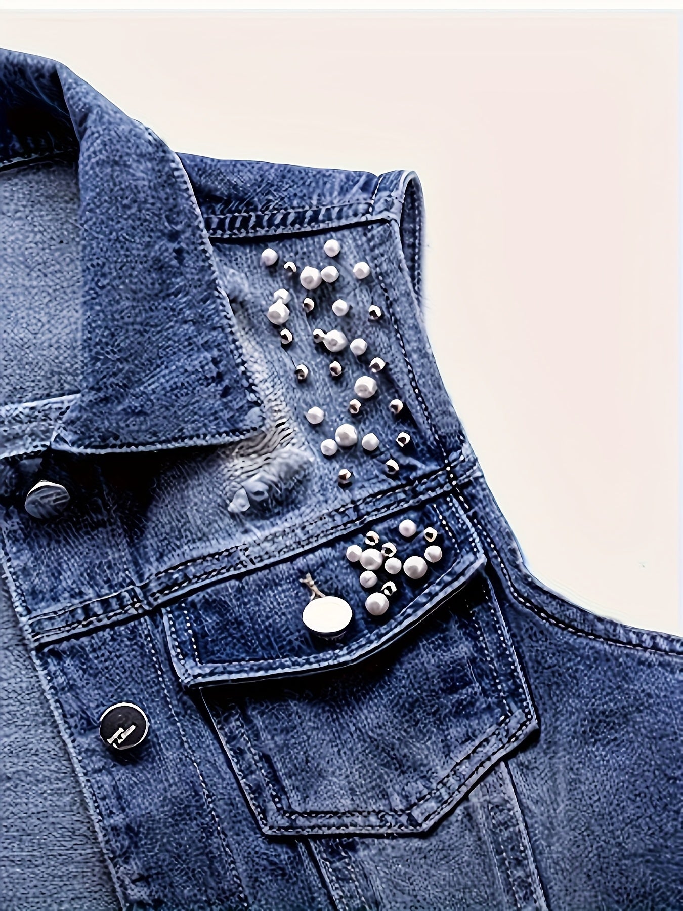 Women's Sleeveless Denim Vest with Pearl Details - Distressed Ripped Jean Jacket, Flap Pockets, Raw Hem, Button-Up Front, Light Blue Denim, Elegant Summer Style