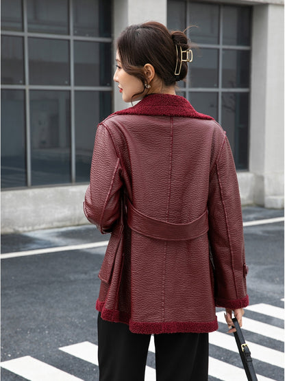 Elegant PU Leather Reversible Jacket for Women - Warm Fleece-Lined, Casual Loose Fit with Pockets, Solid Color, Polyurethane Material, Perfect for Fall\u002FWinter