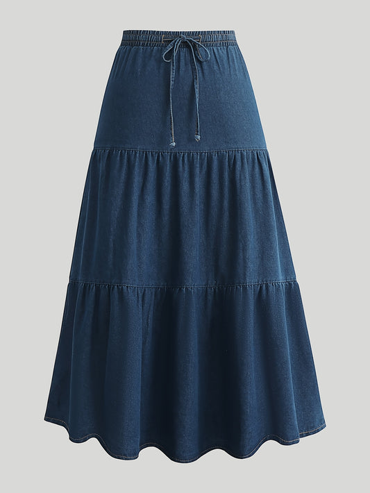 Morin Women's Elegant Denim Midi Skirt with Adjustable Drawstring Waist - High-Waisted Wide-Leg A-Line Skirt, Machine Washable for Spring Summer Fall Casual & Formal Outfits, High Waisted Skirt