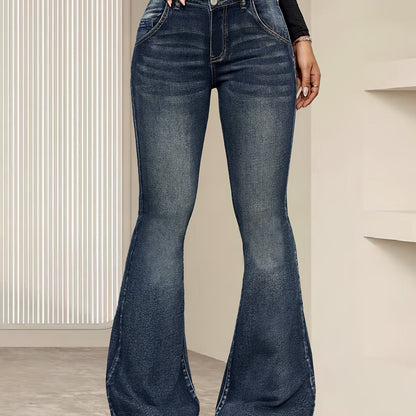 1pc Elegant High-Waisted Flare Jeans for Women, Vintage Blue Denim with Cat Whisker Detail, Stretch Fabric, Solid Pattern, Long Length, All-Season, Button Closure, Woven Weave