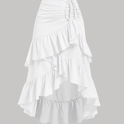 Vintage Brown Pleated Midi Skirt with Ruffled Hem and Cross Detail – Breathable, Stretchy Waistband, Machine Washable – Perfect for Commuting, Outings, and Everyday Elegance