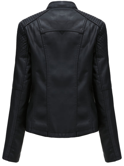 Short Silvery Zippered Motorcycle Jacket Black PU Moto Coat - Stand-Up Collar with Metal Buckles, Slim Fit Short Length, Shoulder Stitched Texture, Zippered Pockets
