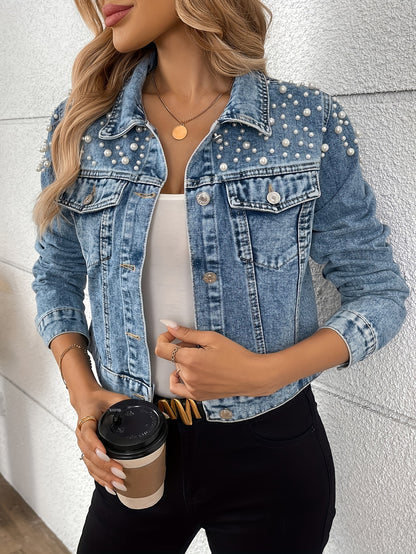 Morin Women'S Denim Jacket with Rhinestone Embellishments, Elegant Solid Color, Button-Up, Non-Stretch Fabric, Spring\u002FAutumn Fashion Top, Woven Craftsmanship