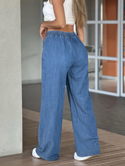 Women'S High Waist Straight Leg Jeans, Casual Non-Stretch Denim Pants, Solid Color, with Drawstring Waist, for All Seasons