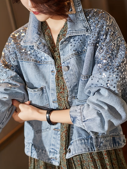 Women'S Vintage-Inspired Faux Denim Jacket with Sequin Pockets - Casual Yet Chic Long Sleeve Button-Up Outerwear for Spring\u002FSummer, Non-Stretch Fabric, Casual Wear Jacket|Vintage Faux Denim Jacket|Sleek Casual Styl