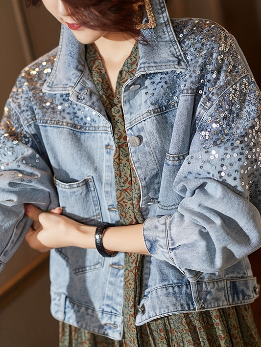 Women'S Vintage-Inspired Faux Denim Jacket with Sequin Pockets - Casual Yet Chic Long Sleeve Button-Up Outerwear for Spring\u002FSummer, Non-Stretch Fabric, Casual Wear Jacket|Vintage Faux Denim Jacket|Sleek Casual Styl