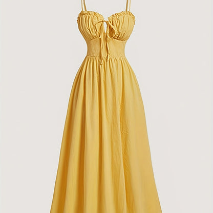 Mustard Yellow Spaghetti Suspender Dress for Teen Girls - Casual Solid Color with Adjustable Waist Tie, Lightweight Non-Stretch Fabric, Machine Washable, Regular Fit for Spring Summer Fall