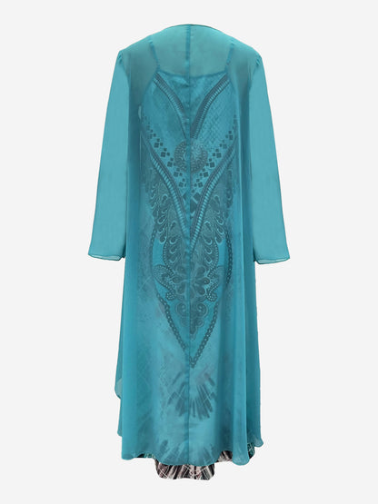 Bohemian Style Long Dress Set for Women - Two-Piece Chiffon Jacket and V-Neck Printed Maxi Dress, Casual Date Outfit with Ethnic Patterns, Vacation Wear