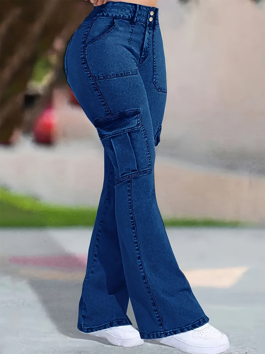 Women's High-Waist Stretch Denim Flare Jeans - Comfort Fit, Classic Slash Pockets, Dark Blue Washed, All-Season Wear