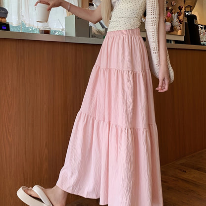 Spring And Autumn Women'S High-Waisted Slimming Versatile White Midi Skirt with Elastic Waist, Mid-Length Black Skirt with Lining, Beach Party Long Skirt.