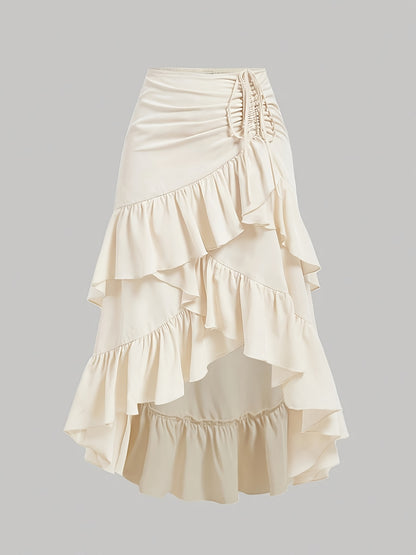 Vintage Brown Pleated Midi Skirt with Ruffled Hem and Cross Detail – Breathable, Stretchy Waistband, Machine Washable – Perfect for Commuting, Outings, and Everyday Elegance