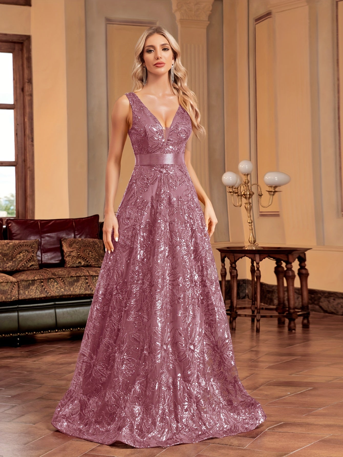 Elegant V-Neck Sequin Embroidered Sleeveless Maxi Dress for Women - Flowing Floor-Length Evening Gown with Lace Detailing, Perfect for Parties, Proms, and Formal Events