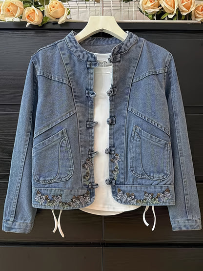 New Chinese Style Windproof Button Butterfly Embroidered Long Sleeve Denim Jacket, Spring Casual Retro Stand Collar New National Style Women'S Short Jacket Casual Jacket