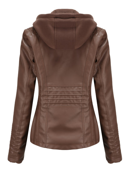 Women'S Elegant Black Hooded Jacket with Detachable Shoulder Straps - Perfect for Spring and Fall, Casual Style, Zipper Closure, Faux Leather Outerwear, Casual Jacket| Detachable Shoulder Straps|Zipper Closure Jacke