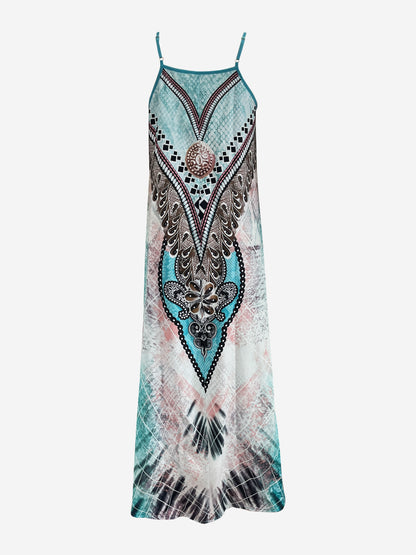 Bohemian Style Long Dress Set for Women - Two-Piece Chiffon Jacket and V-Neck Printed Maxi Dress, Casual Date Outfit with Ethnic Patterns, Vacation Wear