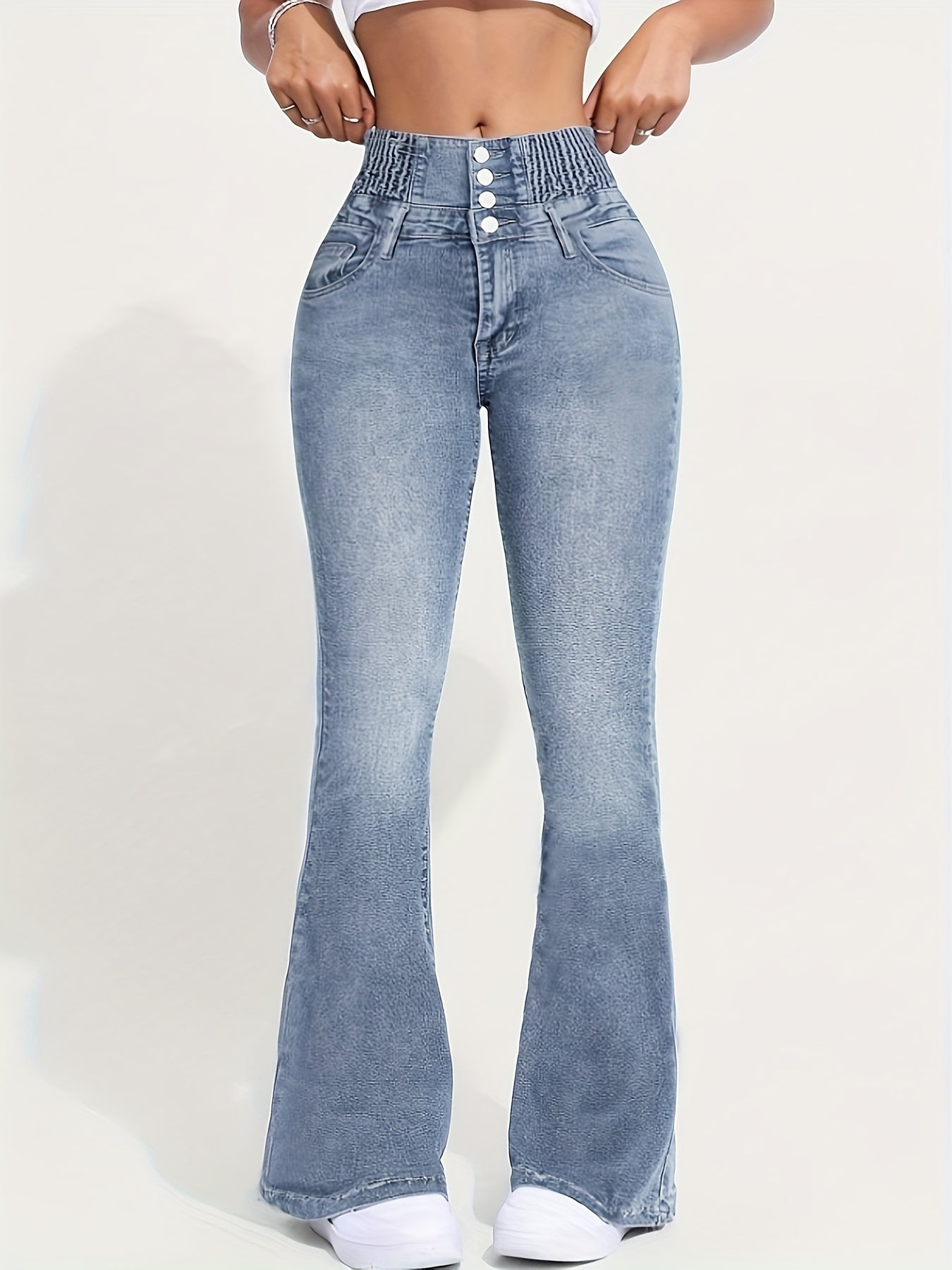 Stretch Comfort Women's High-Waist Stretch Denim Flare Jeans - Sexy Bell Bottoms with Slant Pockets, Light Blue Washed Mid-Rise Denim Pants for Everyday Style, Everyday Jeans | Sexy Highwaist Jeans | Comfortable Fit