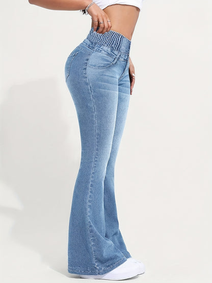 Women's High-Waist Stretch Denim Flare Jeans with Front Button Closure, Comfortable Bell Bottoms in Light Blue Washed Finish, Elegant & Trendy Design for Casual Attire