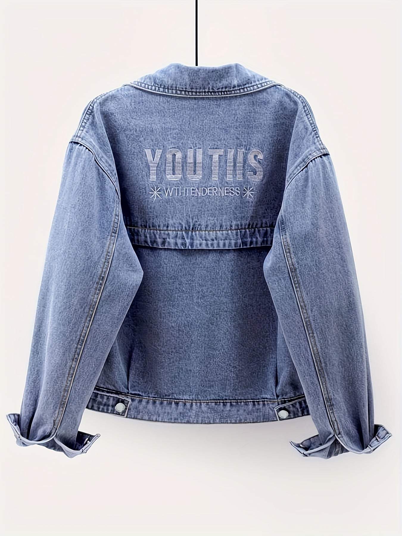 Women's Retro Slimming Loose Fit Short Jacket - 65% Blend Embroidered Letter Detail, Lapel Collar Spring\u002FFall Casual Outerwear, Versatile Blue Denim Coat for Casual Attire, Casual Women's Jacket | Embroidered Denim | Relaxed Fit Jacket