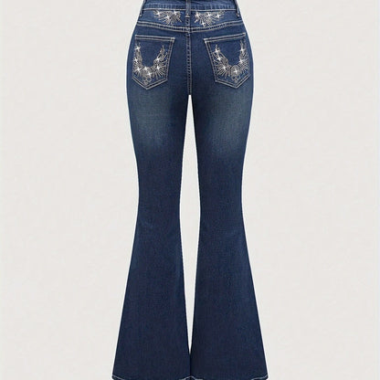 Stretch Comfort Women's Stretch Denim Flare Jeans with Rhinestone Details - Elegant Blue Bell Bottom Pants, Mid-Rise, Blend, Machine Washable, All-Season Comfort Fit